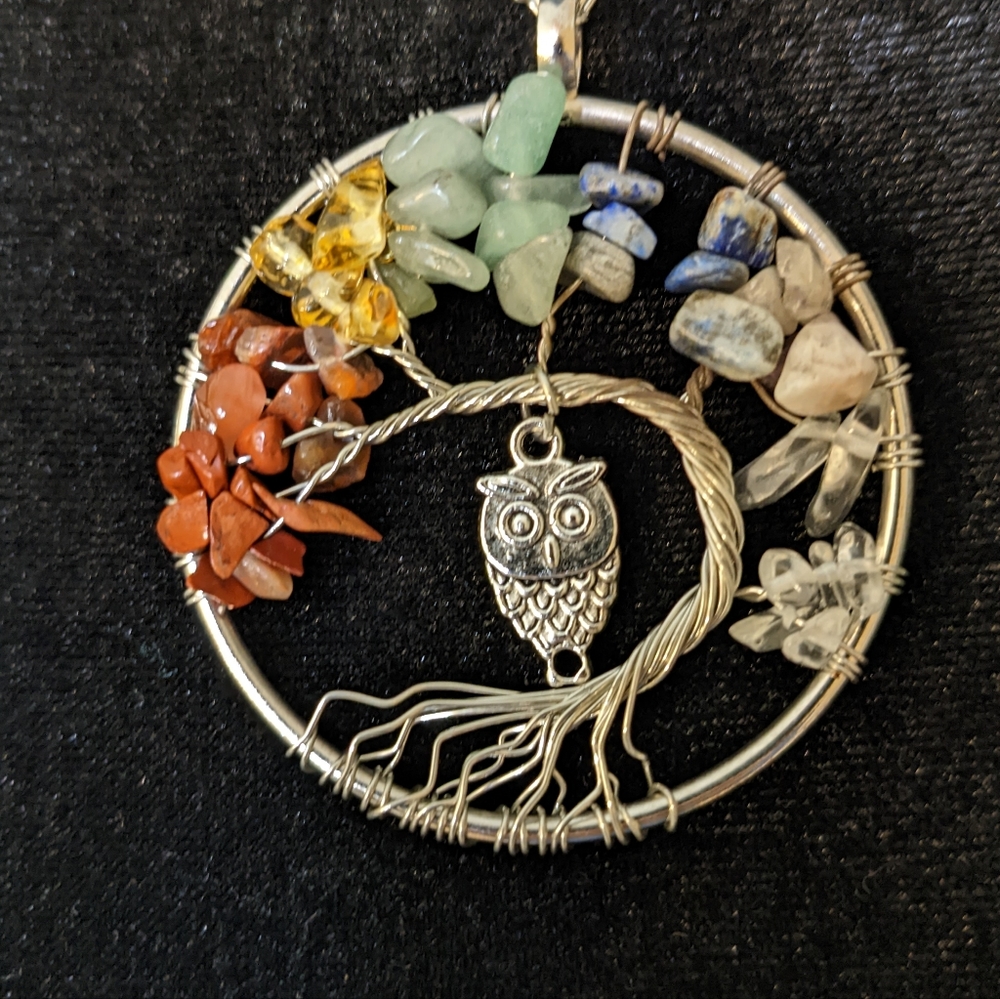 Wire wrapped tree of life pendant necklace with owl